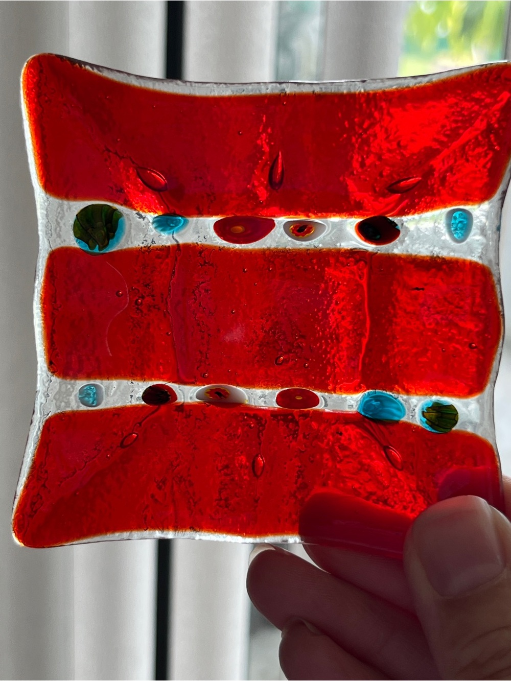 Fused Glass Small Red Trinket Tray with Millefiore - Picture 4 of 8